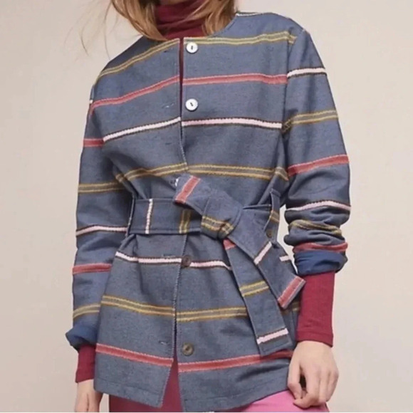 Anthropologie Dolan left coast Striped Blue Coat Cotton Blend Size XS Belted - Picture 1 of 9